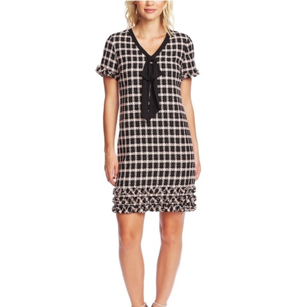 NWT CeCe Women's Grid Tweed Short Sleeve A-Line Dress Black Gray Size 4